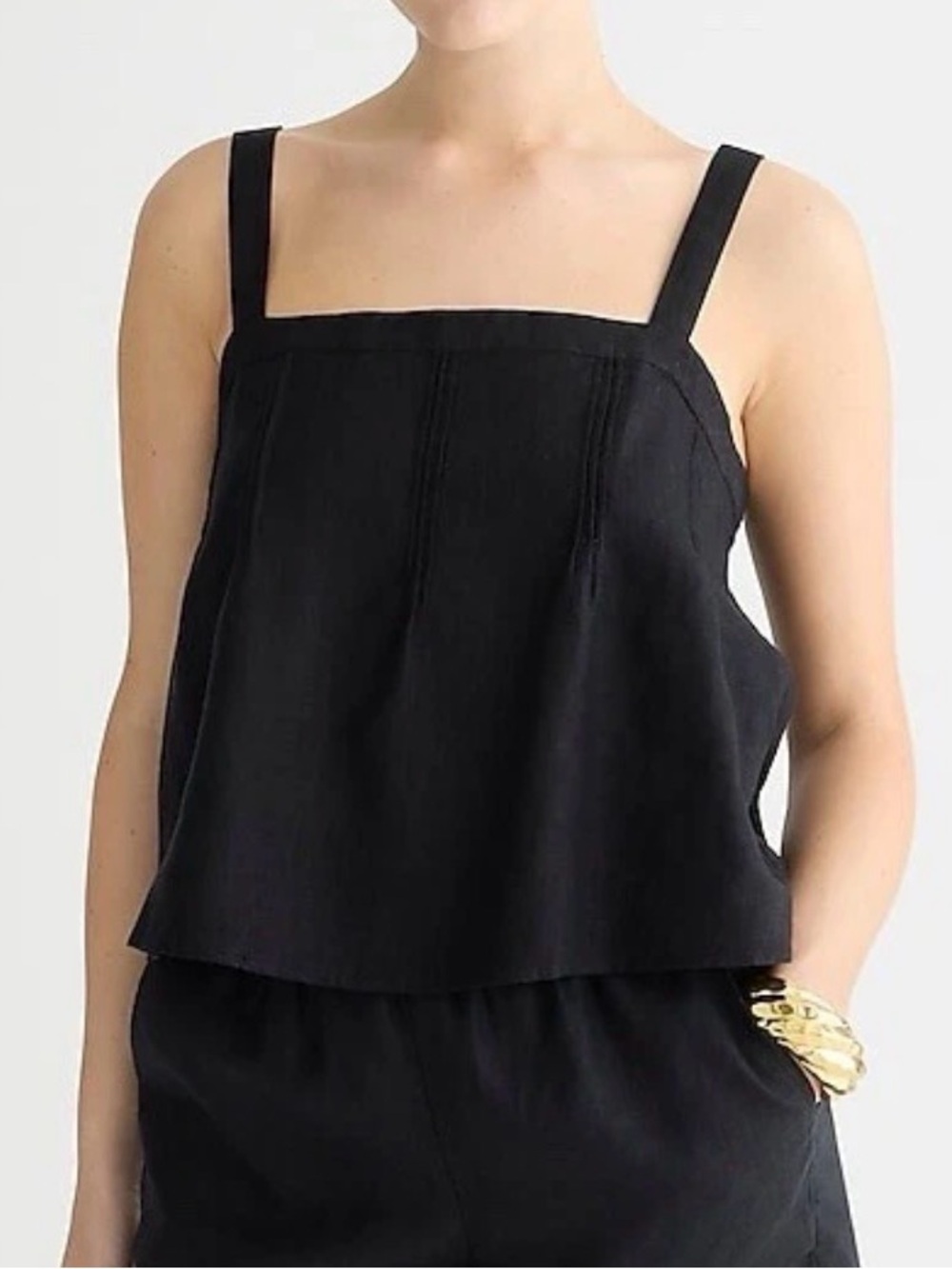 J. Crew Bow Back Linen Top Medium Black Square Neck Flowy Lightweight Semi Sheer